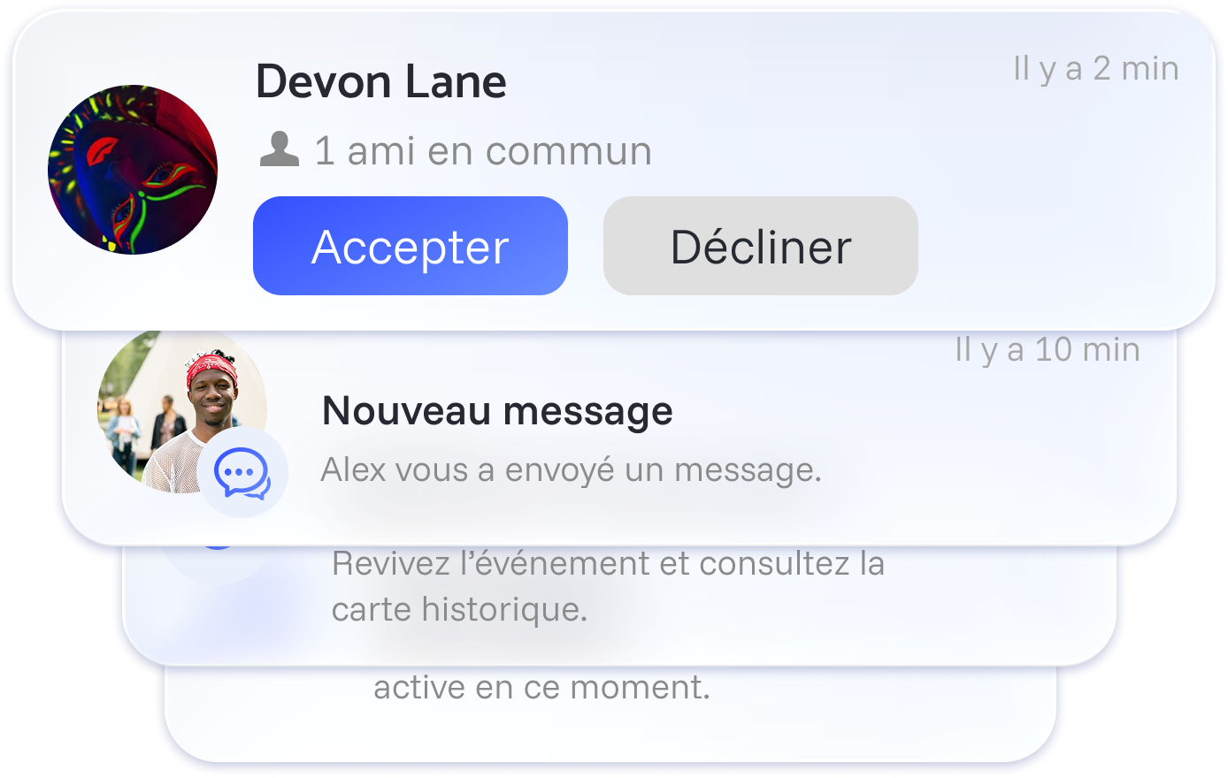 Pile de notifications Oneera avec demande d’ami, message reçu et activité récente.
