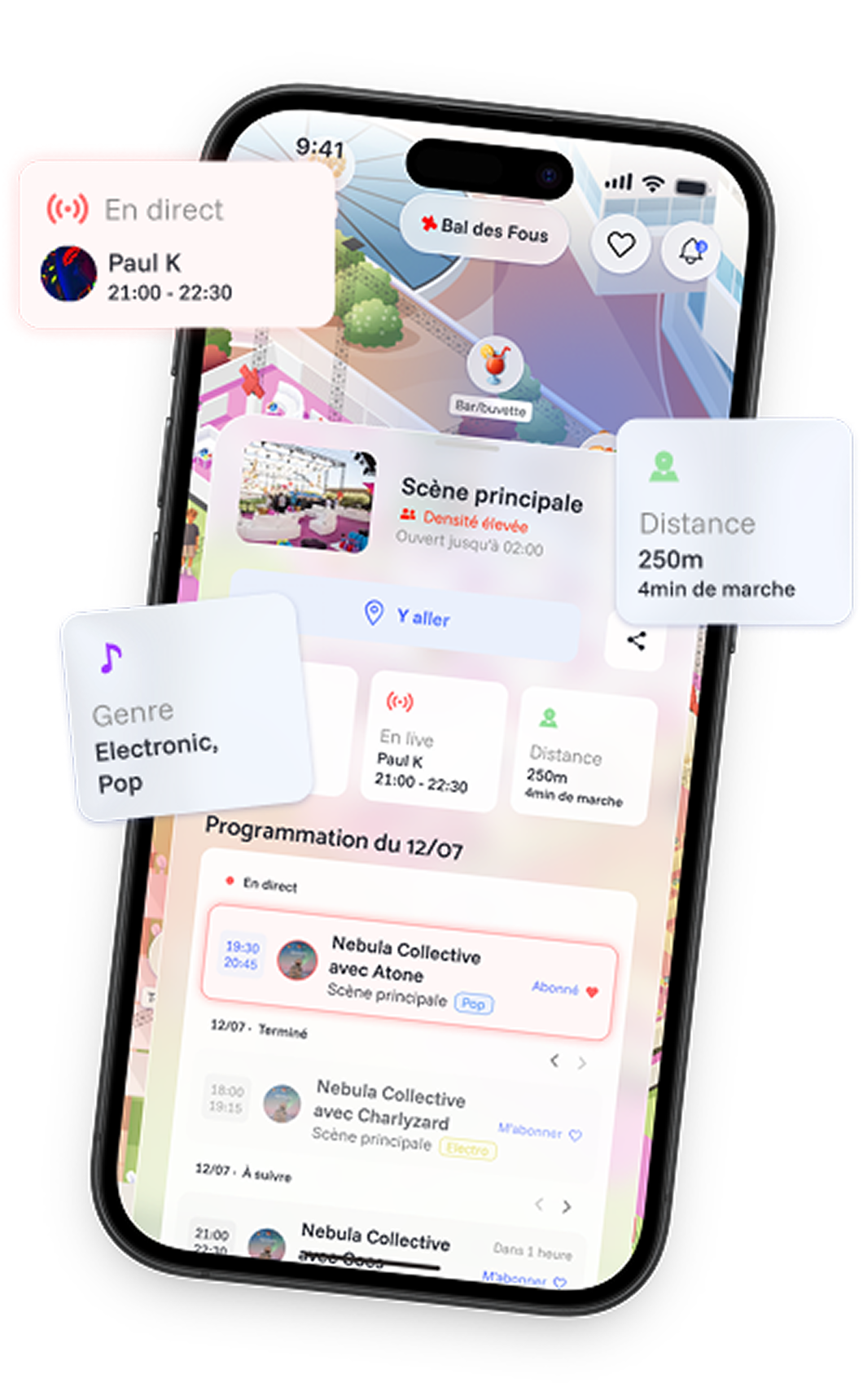 Vue mobile Oneera avec carte live, programmation, distance et genre musical.