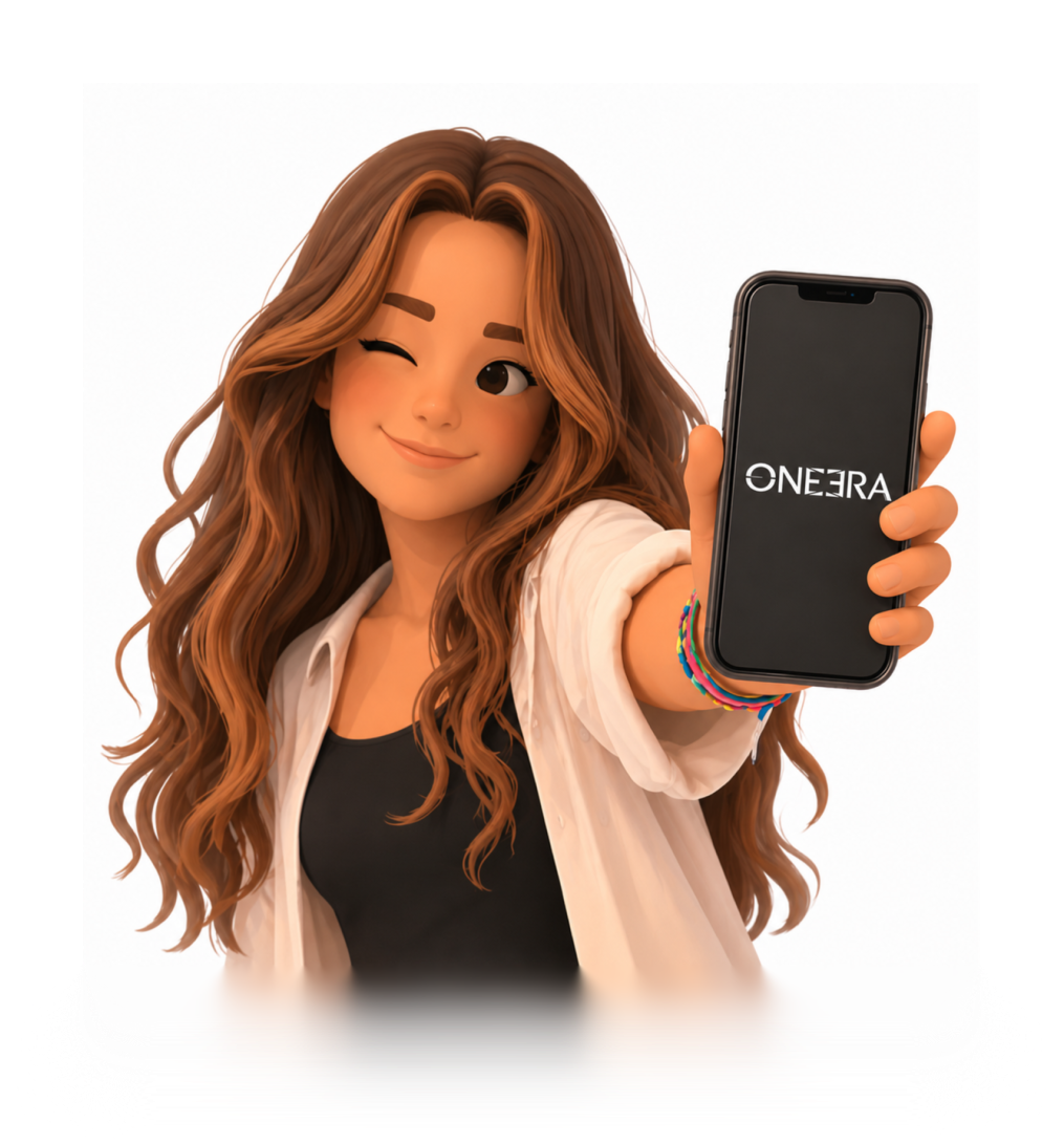 Personnage montrant l'application Oneera sur téléphone